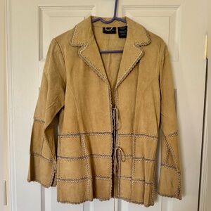 Vintage 1990s Outbrook Tan Suede Leather Jacket with Lace Trim